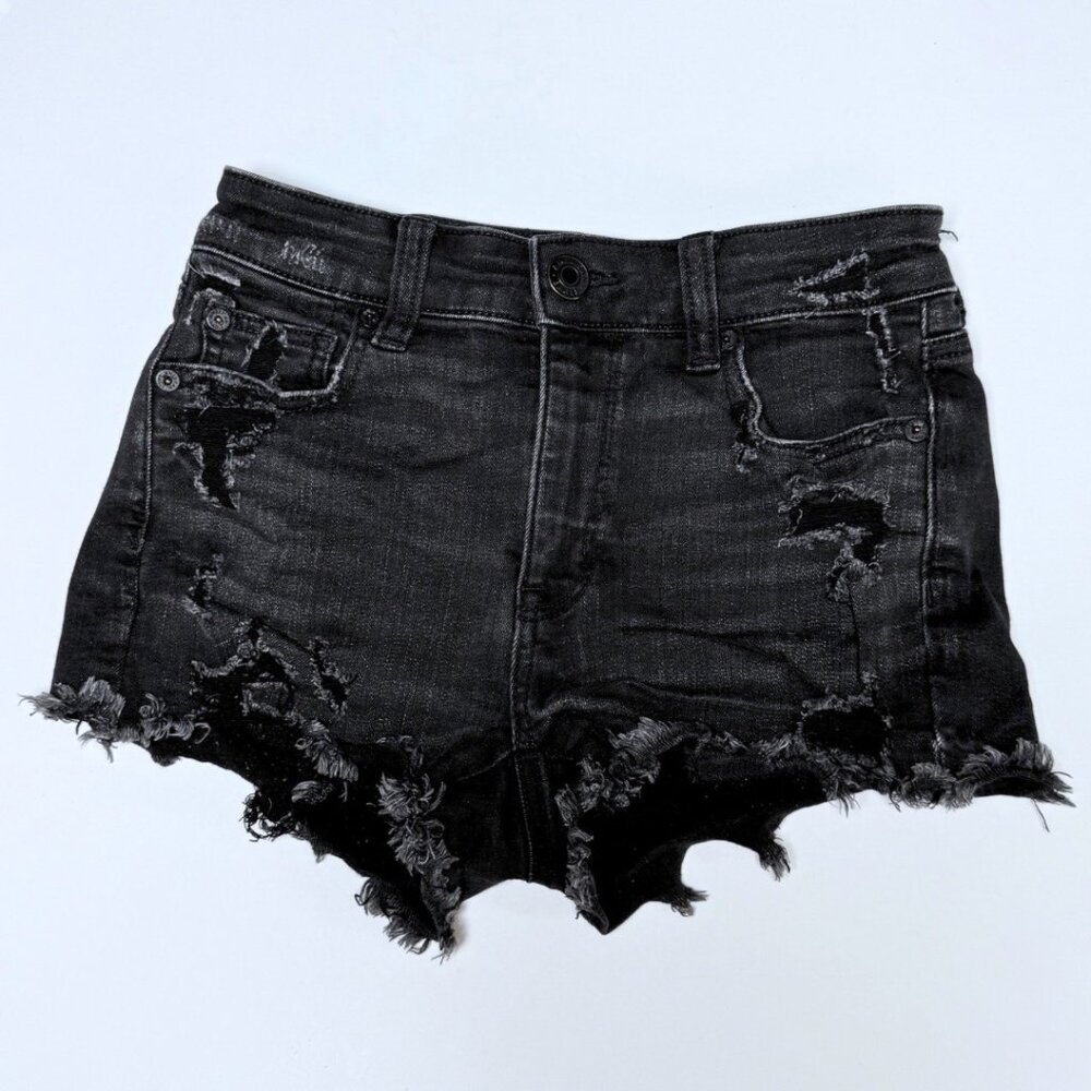 American Eagle Hi Rise Shortie Black Denim Stretch Shorts Distressed Size 0
